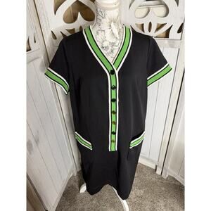 VTG Button-Down Black Green Stripe Dress Cottage Academia Secretary Office XL